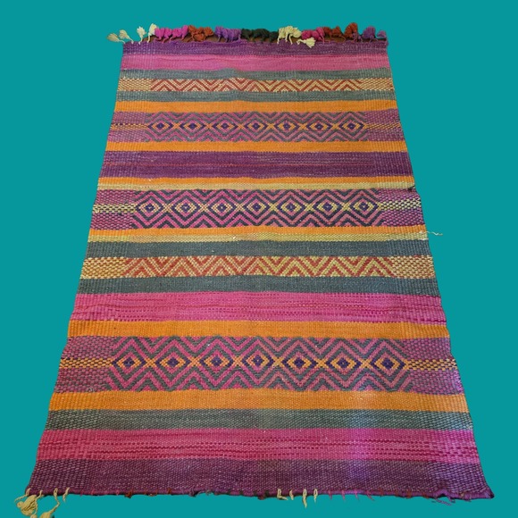 Unbranded Other - Vtg Handwoven Wool Kilim Rug Geometric Southwestern Boho Tassels Boho 4'x 6'